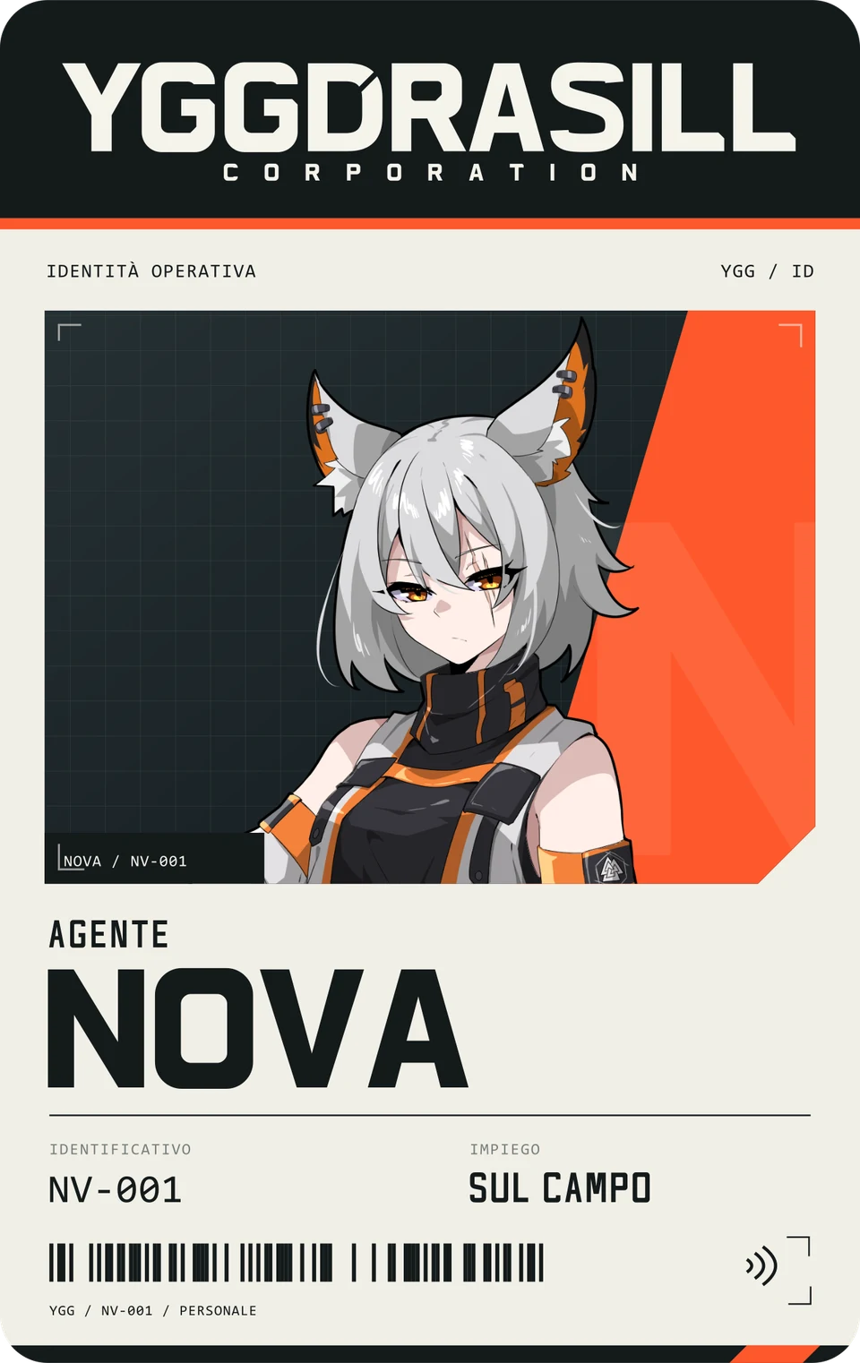 Fronte della tessera di Nova: ritratto ufficiale, marchio Yggdrasill, nome e identificativo NV-001.